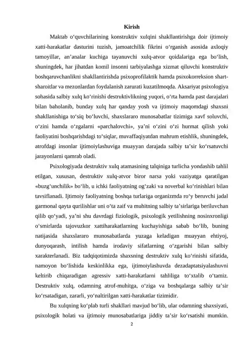 DESTRUKTIV XULQ PSIXOLOGIYASINING PSIXOLOGIK XUSUSIYATLARI KURS ISHI 2