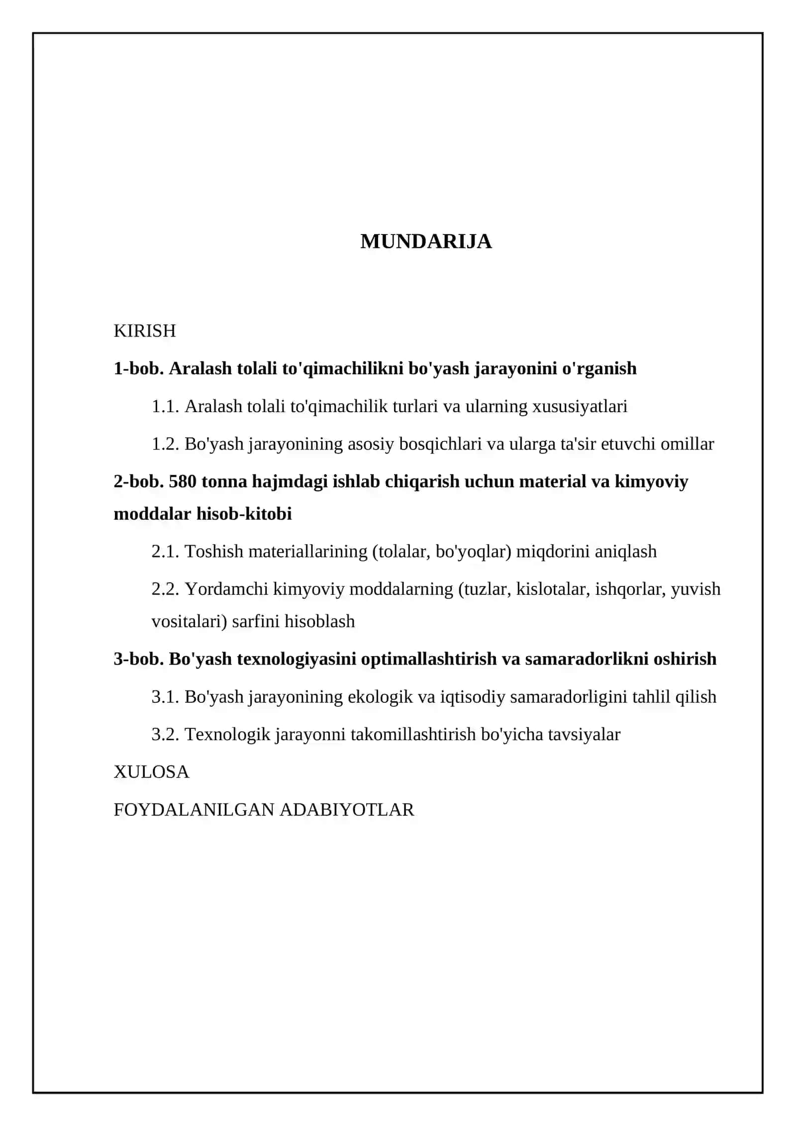 580 tonna aralash tolali tõqimalarni bõyash texnalogiyasini tahlil qilish.Material hisoblarini hamda kimyoviy moddalar hisobini bajarish 2