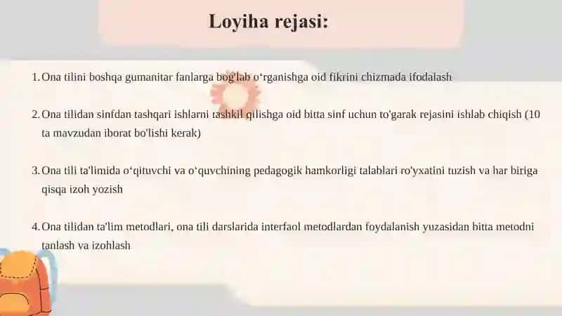 Ona tilini oʻqitish metodikasi fanidan yakuniy nazorat uchun loyiha ishi 2