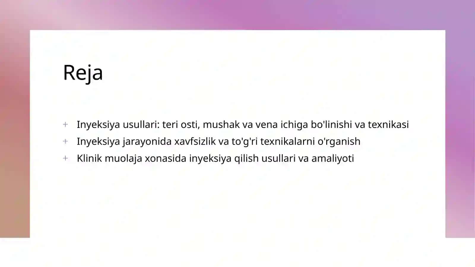 Muolaja xonasida dori vositalarini teri osti,mushak orasiga va vena ichiga inyeksiya qilish medotikasi 2