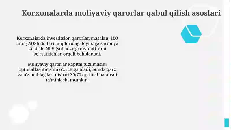Korxonalarda moliyaviy qarorlar qabul qilish asoslari 2
