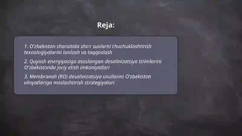 O'zbekiston sharoitida sho'r suvlarni chuchuklashtirish g'oyasini yaratish 2