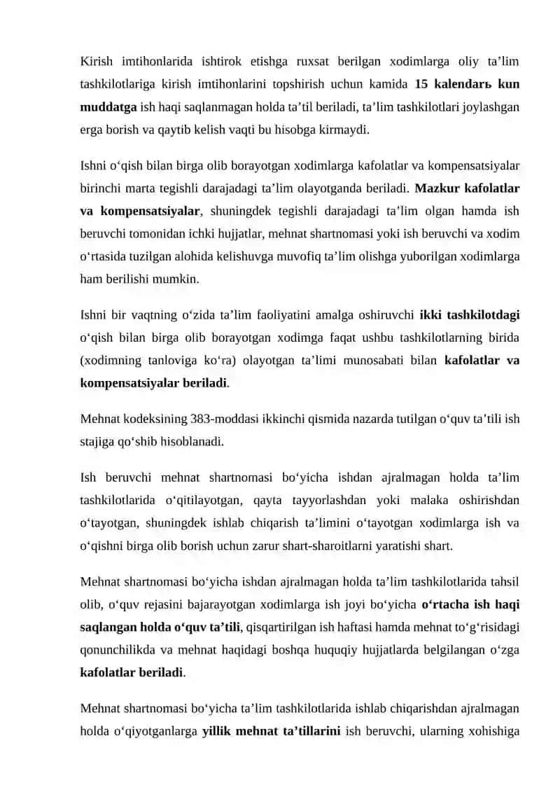 Ish ta'lim bilan birga olib boruvchi xodimlar uchun kafolatlar va kompensatsiyalar 2