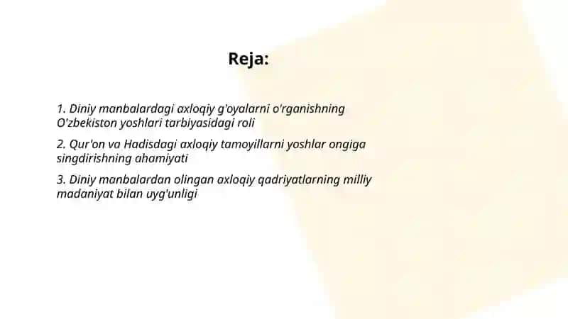 O'zbekiston yoshlarining diniy manbalardagi axloqiy tarbiyaga oid g'oyalarni o'rganishning ahamiyati 2