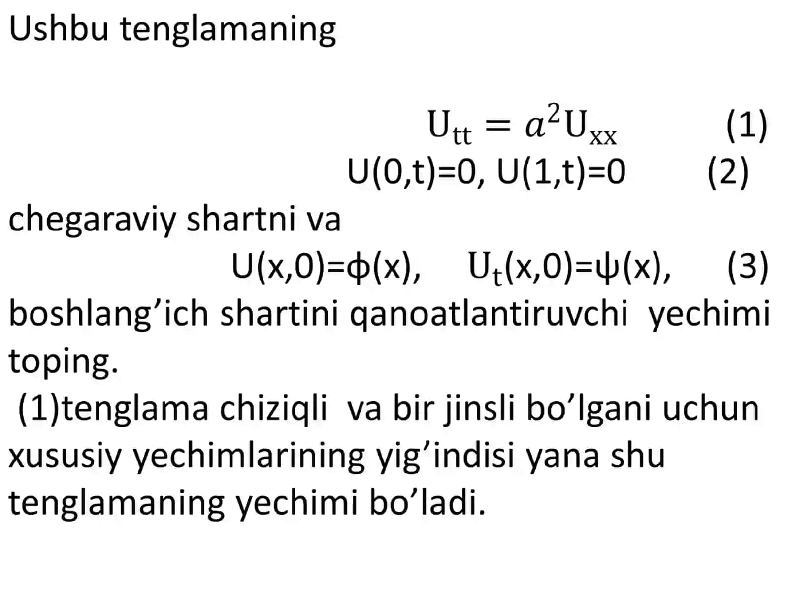 Tor tebranish tenglamasi uchun asosiy aralash masalani Furye usuli bilan yechish. Xos sonlar va xos funksiyalar. 2
