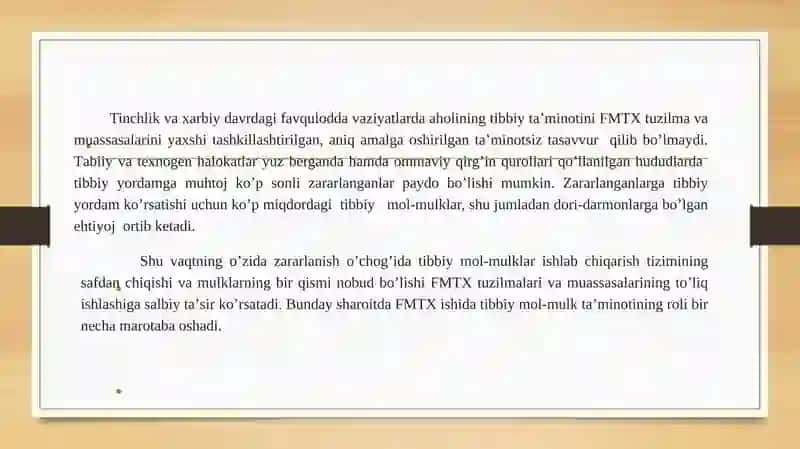 Fuqaro muhofazasi tibbiy xizmatining muassasalarini mol-mulklar bilan ta’minlash va muhofaza qilish. 2