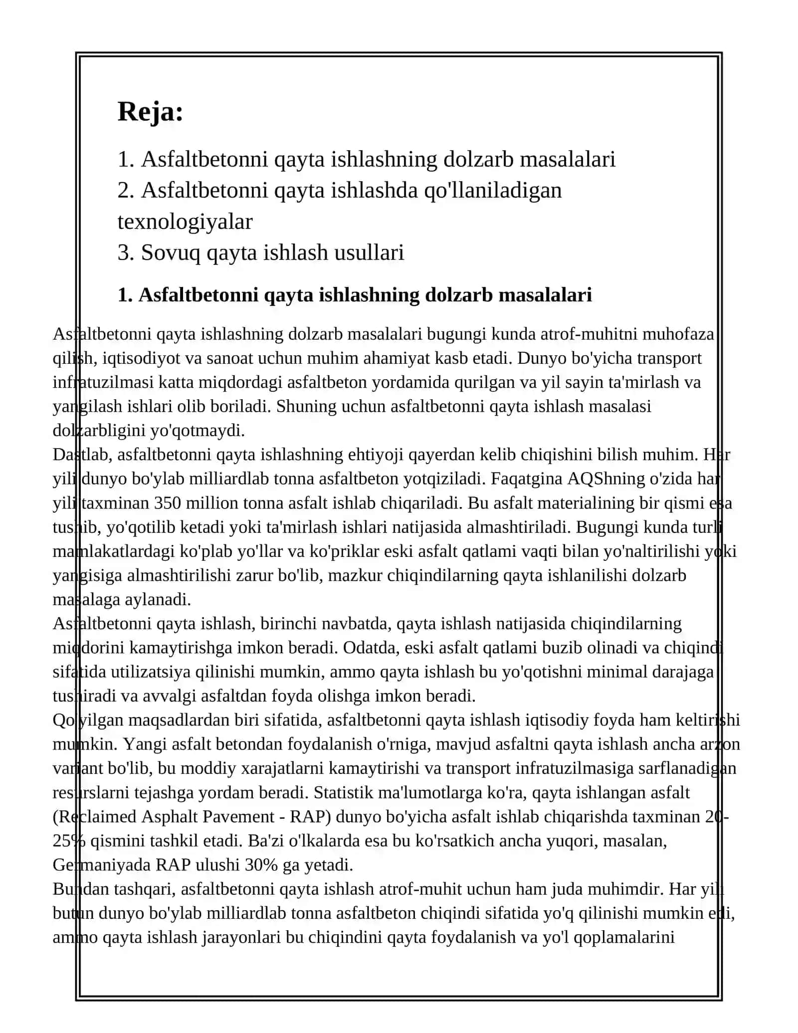ASFALTBETONNI QAYTA ISHLASH USULLARINI TAHLIL QILISH 2
