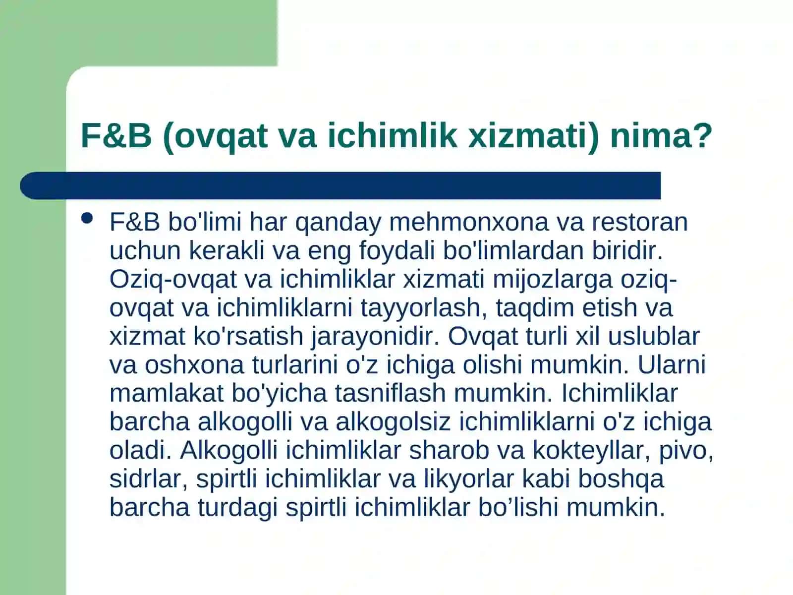 MEHMONXONALARDA F&B VA FRONT OFFICE BO’LIMLARINING FAOLIYATI 2