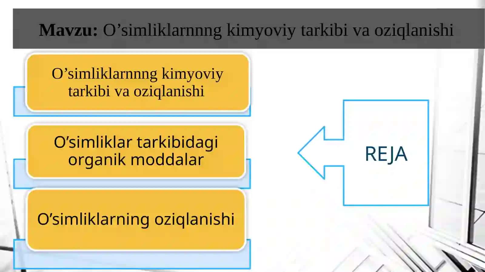 O’simliklarnnngkimyoviytarkibivaoziqlanishi 2