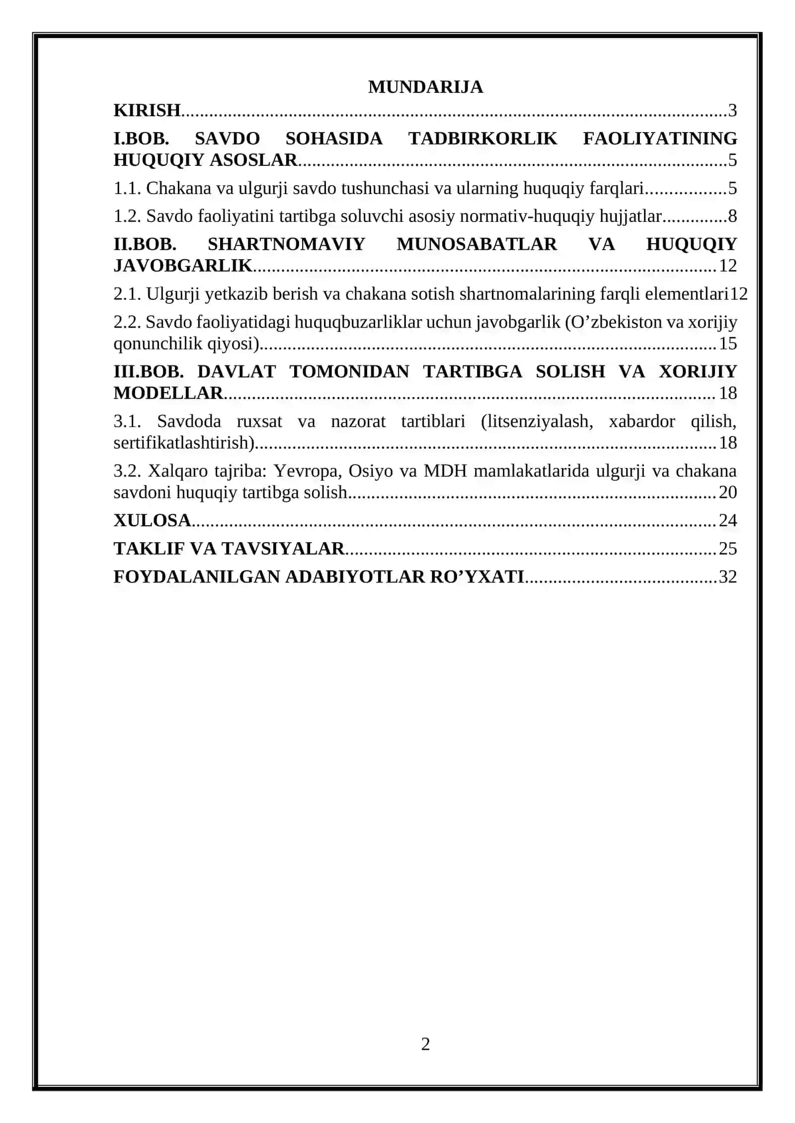 SAVDO SOHASIDA TADBIRKORLIK FAOLIYATI (CHAKANA VA ULGURJI SAVDO, AYRIM OMMAVIY HUQUQIY TARTIBLAR) 2
