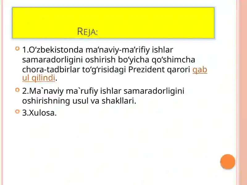 O‘zbekistonda ma’naviy-ma’rifiy ishlar samaradorligini oshirishning vazifalari 2