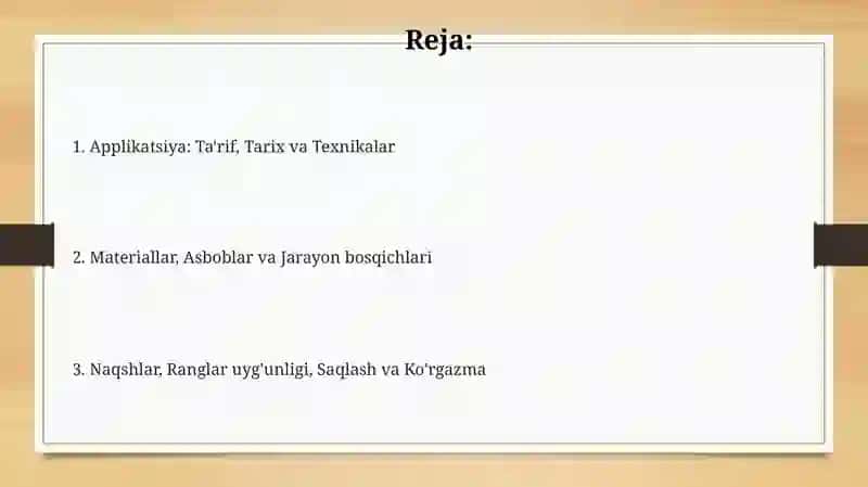 Applikatsiya usulidan foydalanib buyumlarga va ko'rgazmalarga bezak berish 2
