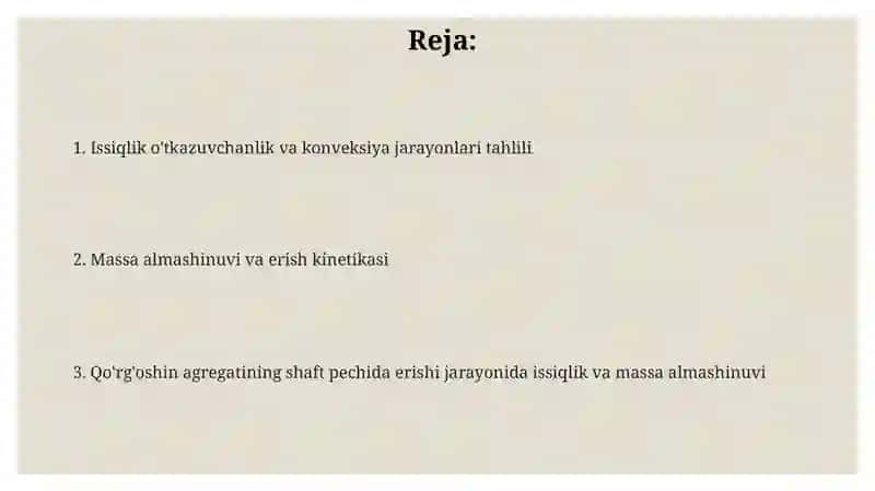 Qorgoshin aglomeratini shaxtali pechda eritishning issiqlik Va Massa almashinuvi 2