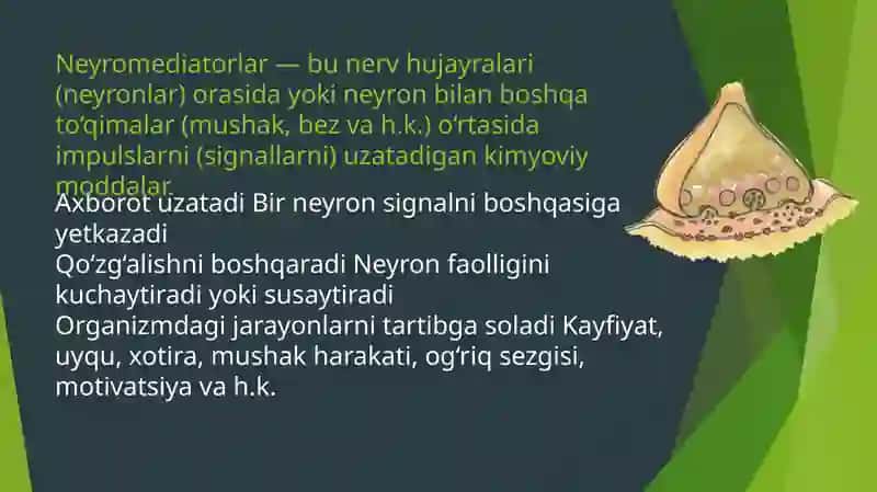NEYROMEDIATORLAR BIOSINTEZI,AHAMIYATI VA KASALLIKLARI. FOLAT KISLOTASI YETISHCHILIGI. SULFANILAMID PREPARATLARNING BAKTERIOSTATIK TASIR MEXANIZMI. AMINOKISLOTA ALMASHINUVINING TUG’MA KASALLIKLARI 2