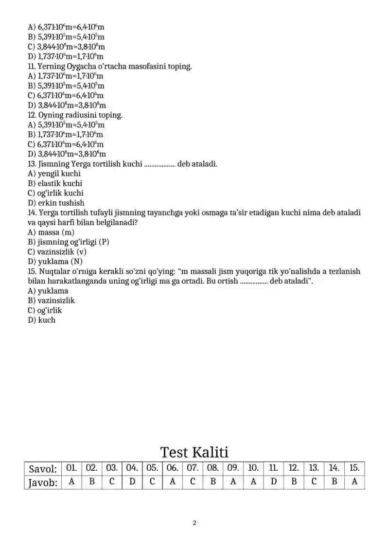 7- sinf Fizika fanidan II chorak uchun testi 2