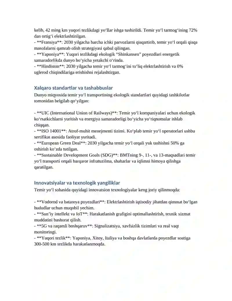 Temir yo‘l transportining roli va rivojlanish tendensiyalari 2