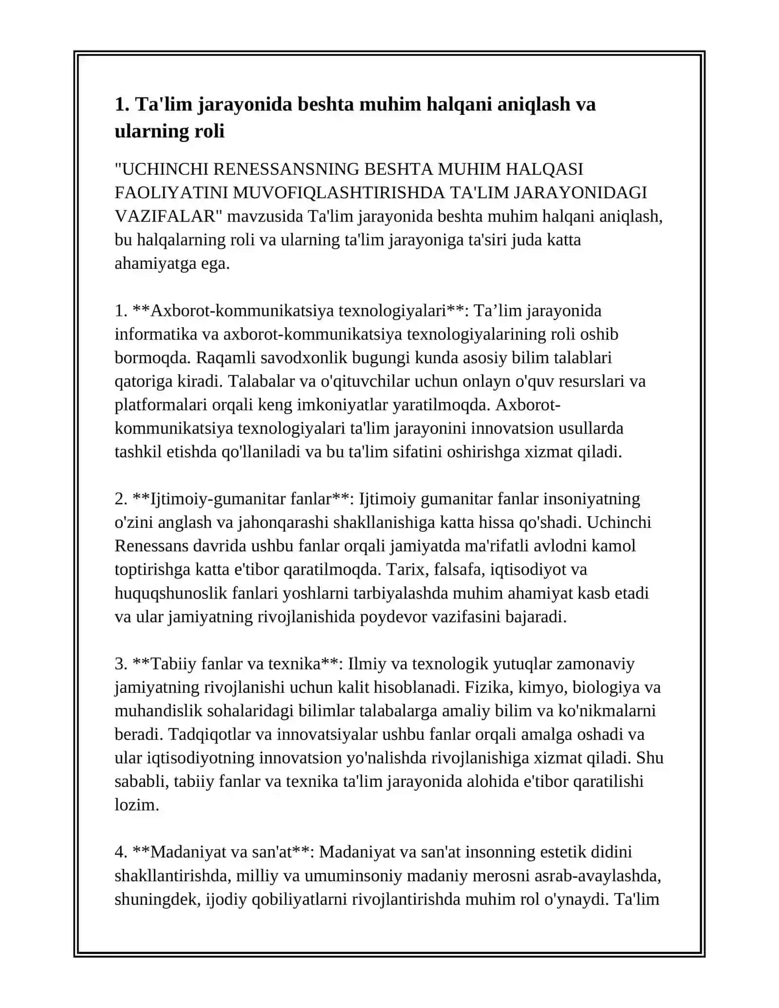 "UCHINCHI RENESSANSNING BESHTA MUHIM HALQASI FAOLIYATINI MUVOFIQLASHTIRISHDA TA'LIM JARAYONIDAGI VAZIFALAR" 2