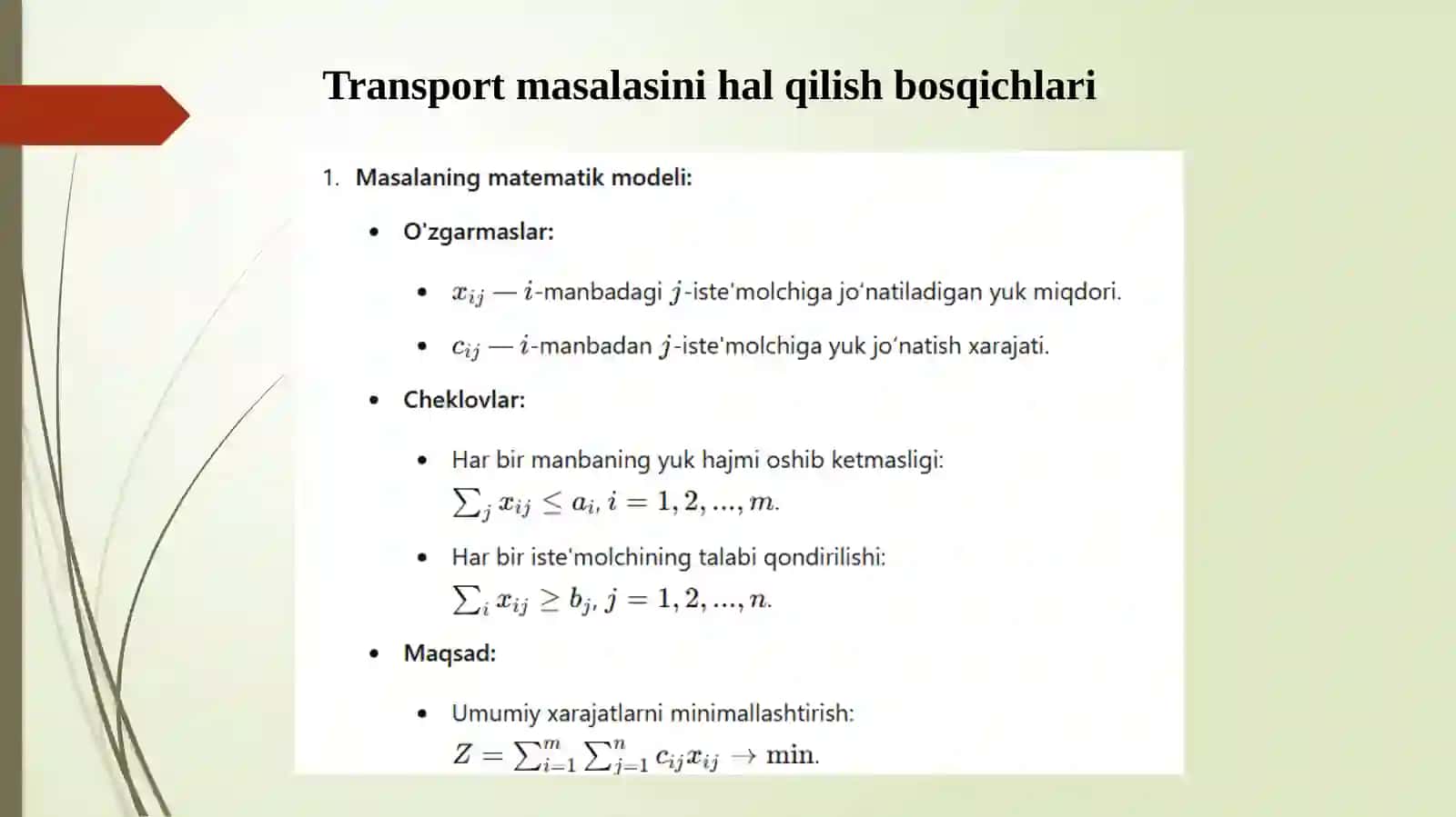 Transport masalasini tayanch va optimal yechimlarini topish usullari 2