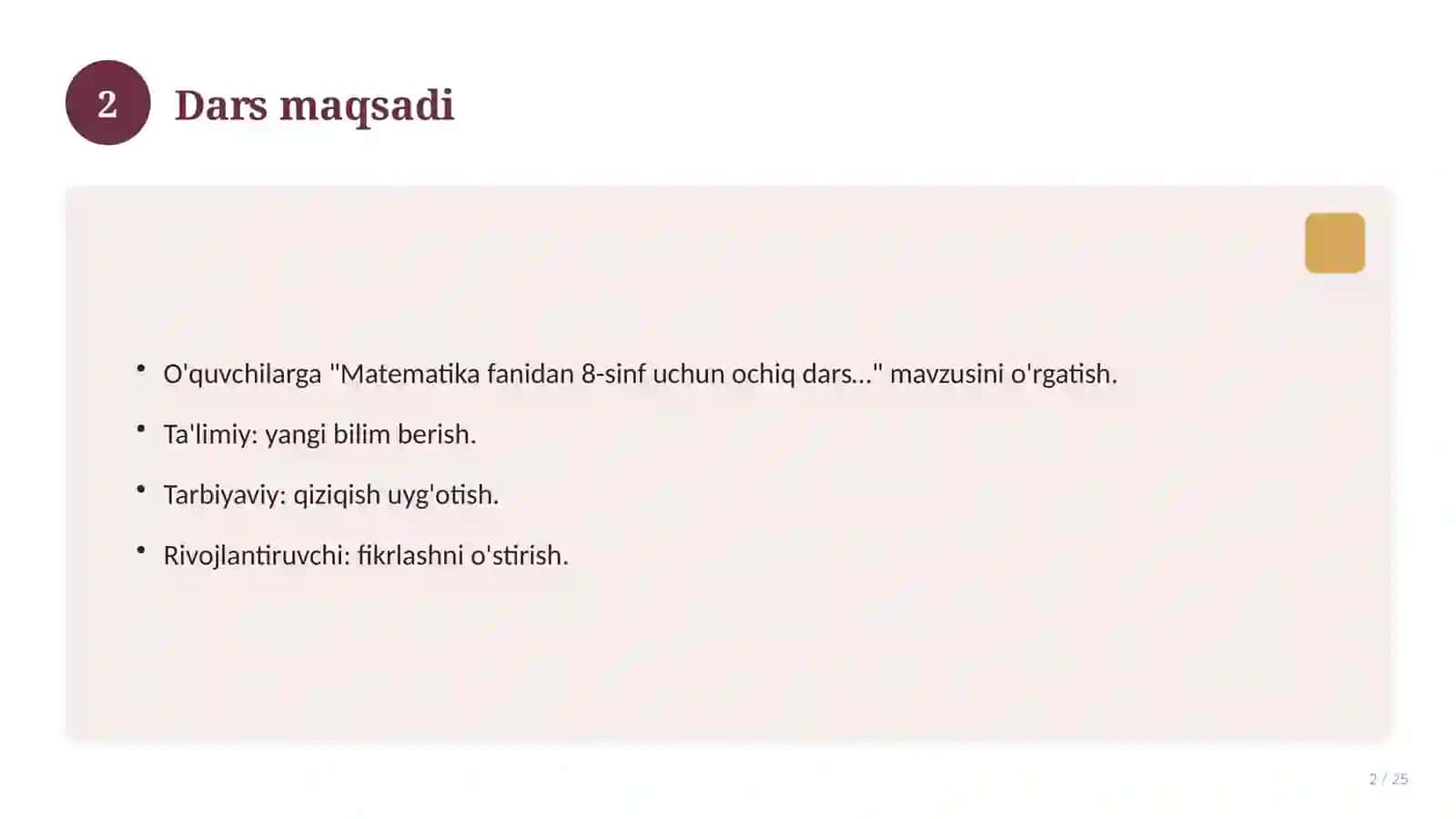 Matematika fanidan 8-sinf uchun ochiq dars ishlanmasi 2