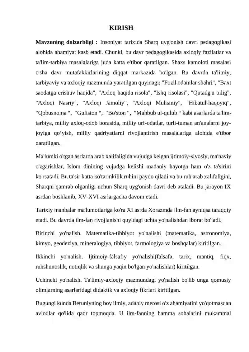 Sharq uygʻonish davrida pedagogik fikr taraqqiyoti (Al-Xorazmiy, al-Farobiy,Abu Rayhon Beruniy, Abu Ali ibn Sinoning tarbiyaga oid qarashlari 2
