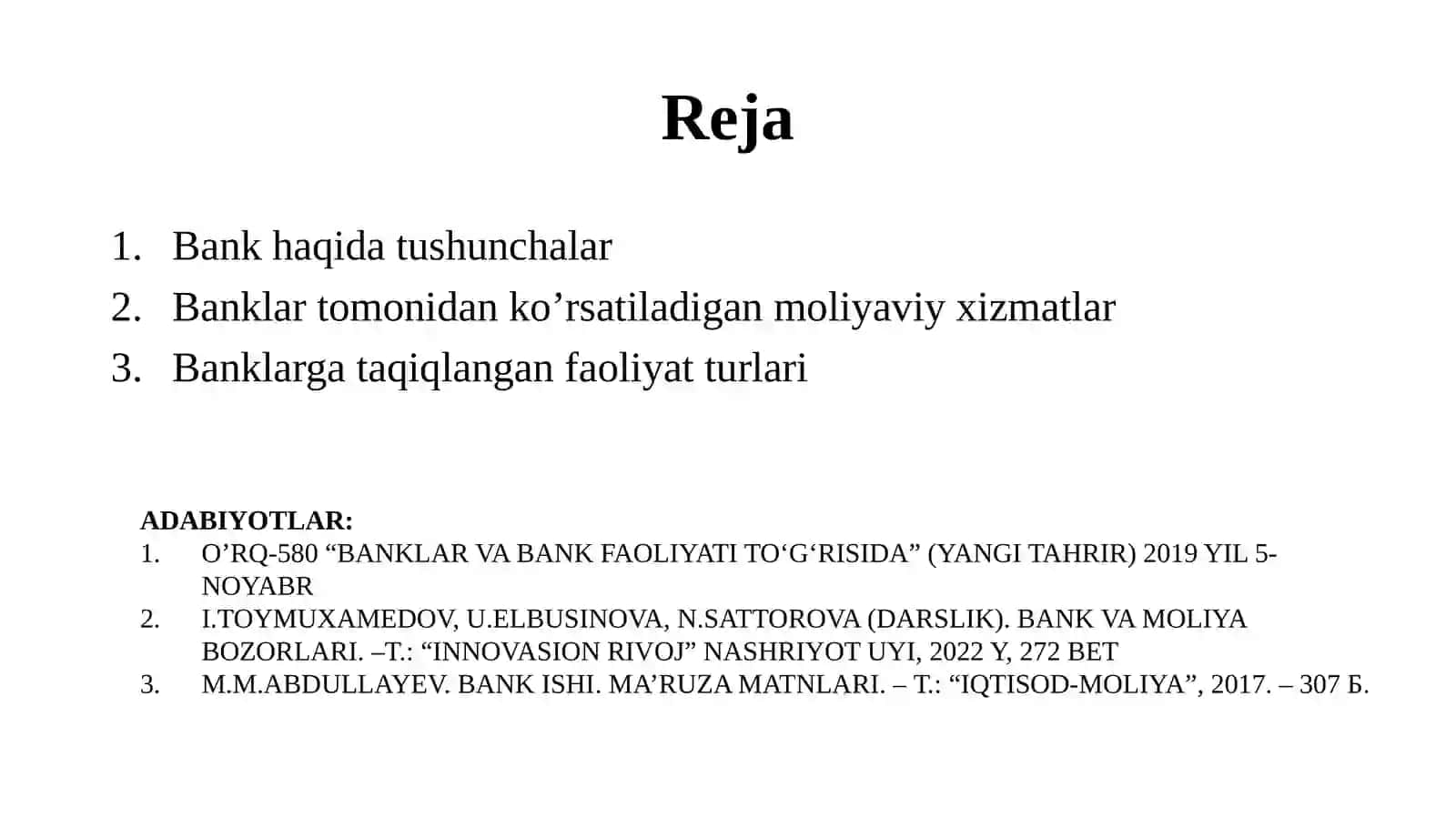 O'RQ-580 "Banklar va Bank Faoliyati To'g'risida" (Yangi Tahrir) 2019 yil 5-Noyabr 2