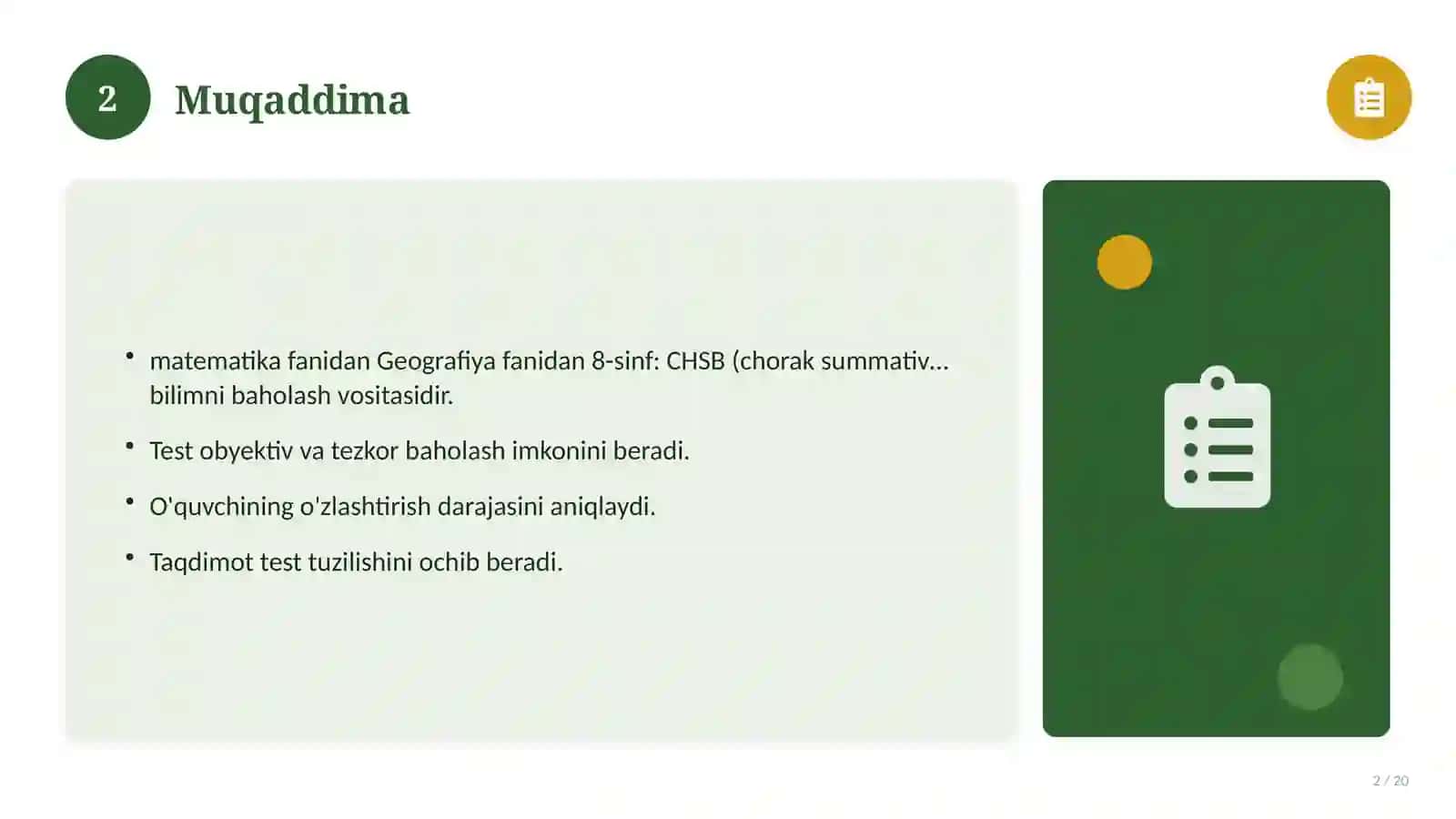 Geografiya fanidan 8-sinf: CHSB (chorak summativ baholash) 2