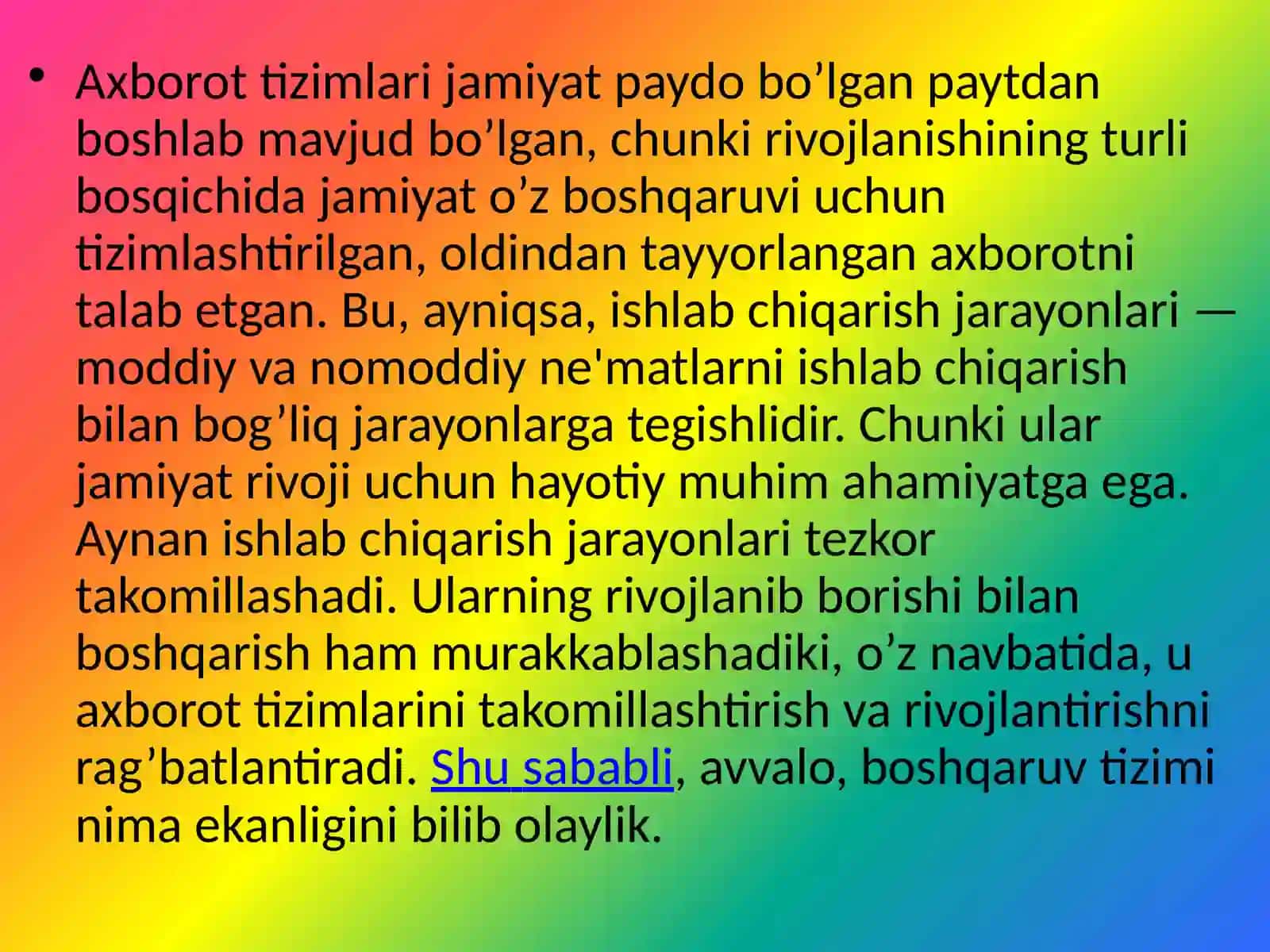 Tizim tushunchasi va uning turli ta’riflari, tizim va muhit munosabatlari, tizim tarkibiga kiruvchi elementlar, aloqa va teskari aloqa. 2