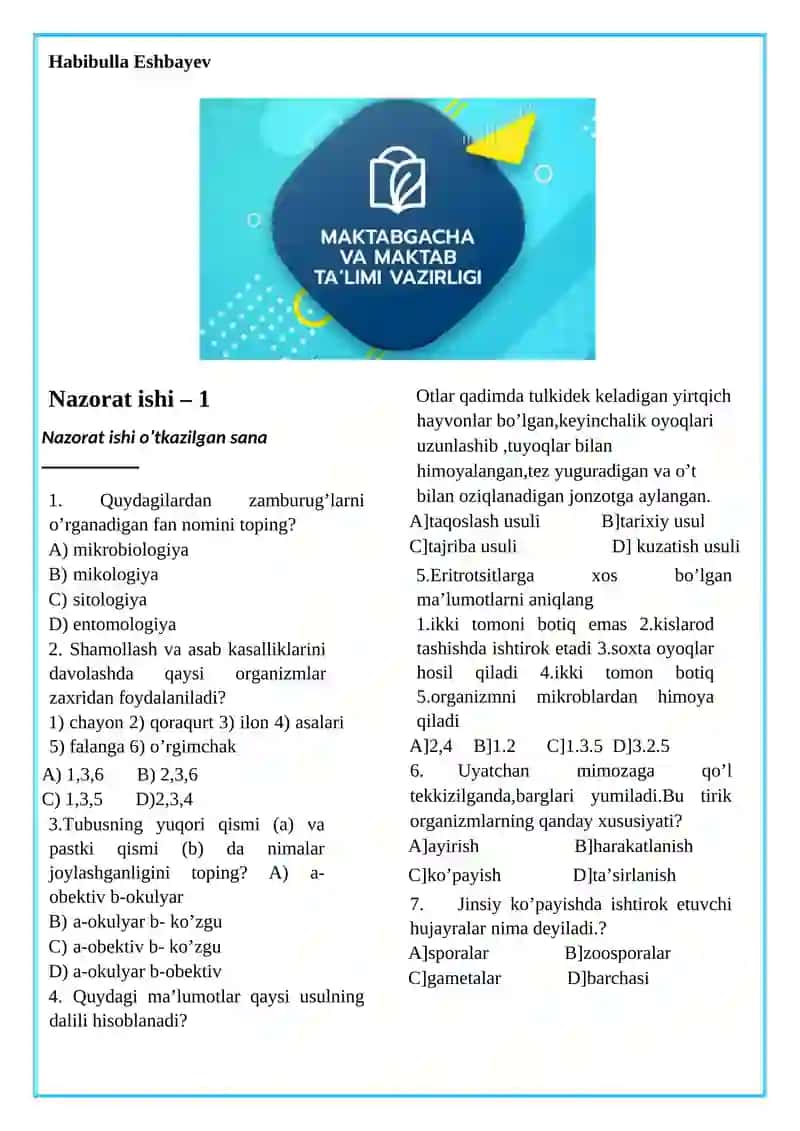 BIOLOGIYA FANIDAN NAZORAT ISHI DAFTARI 2