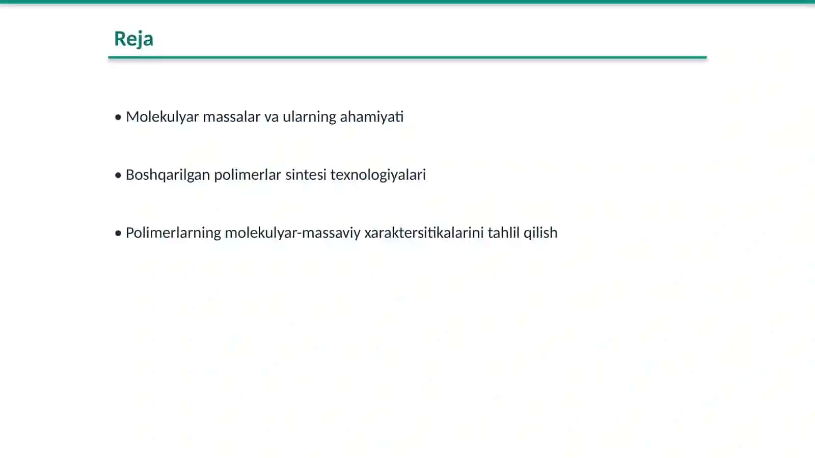 Mоlеkulyar mаssаlаri bоshqаrilgаn pоlimеrlаr sintеzi vа ulаrning mоlеkulyar-mаssаviy хаrаktеristikаlаri 2