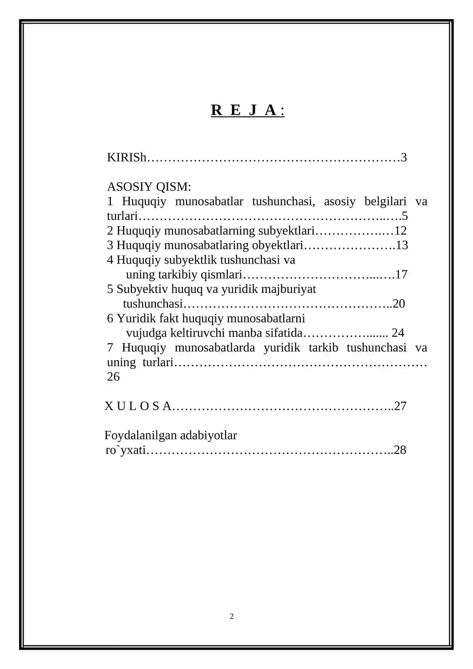 “HUQUQIY MUNOSABATLAR TUSHUNCHASI VA TURLARI” MAVZUSIDAGI KURS ISHI 2