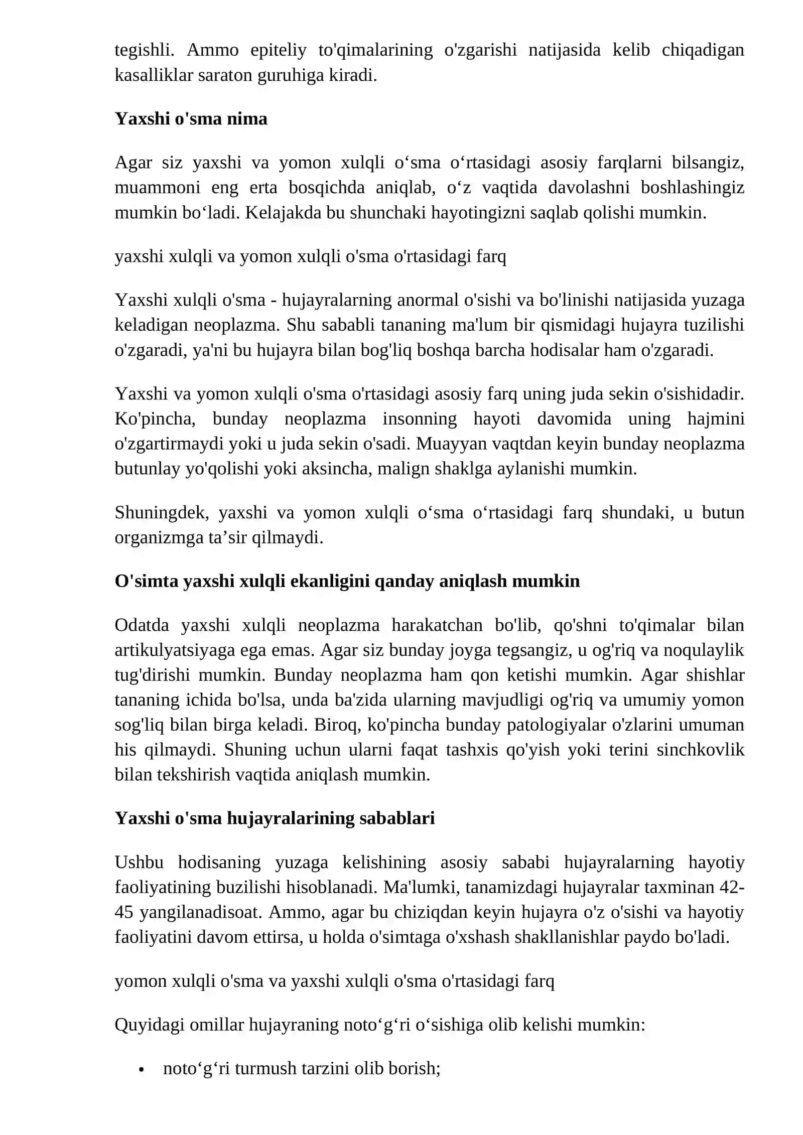 O`smalar. Xavfli va xavfsiz o`smalar haqida tushuncha 2