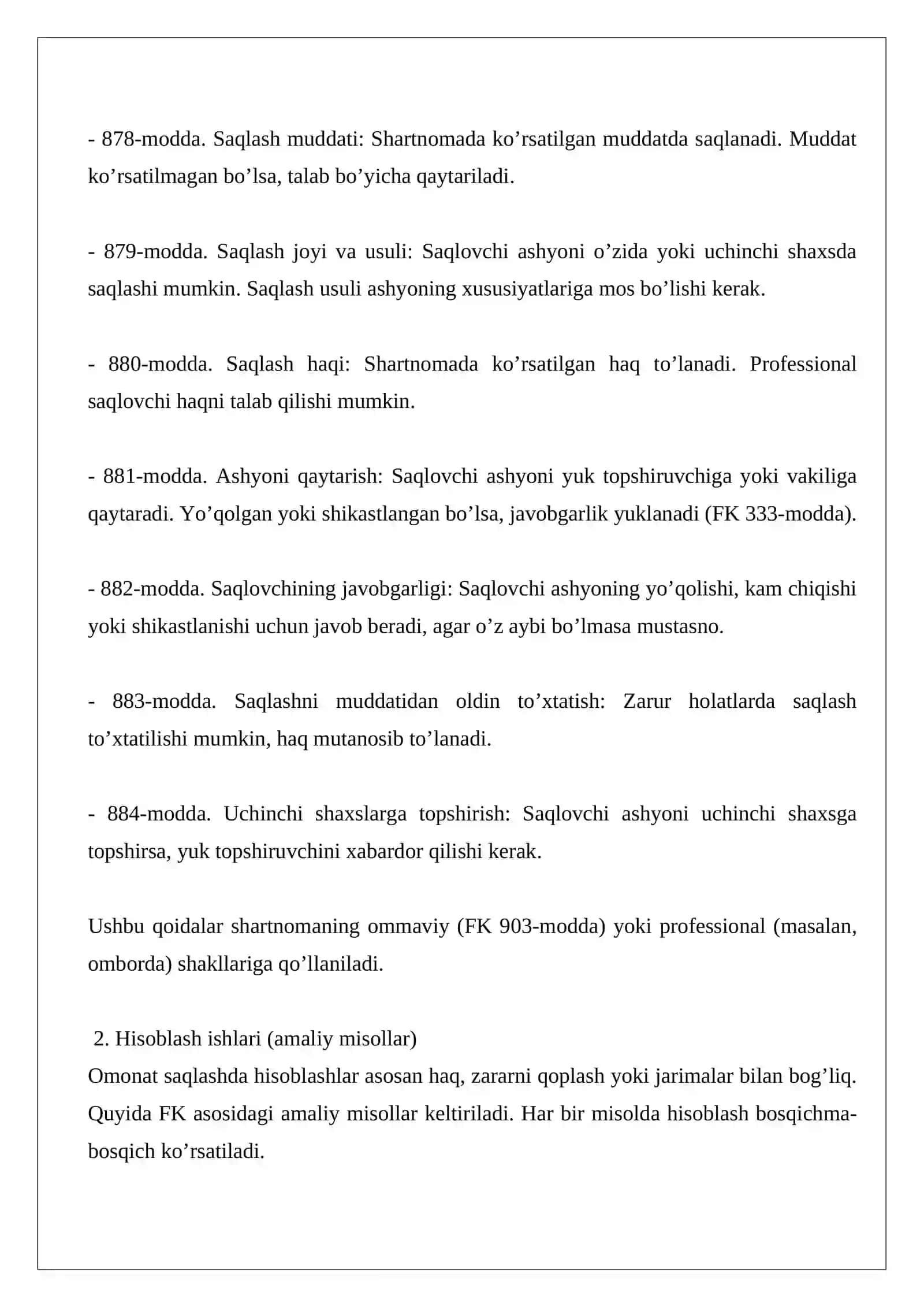 Omonat saqlash shartnomasining umumiy qoidalari 2