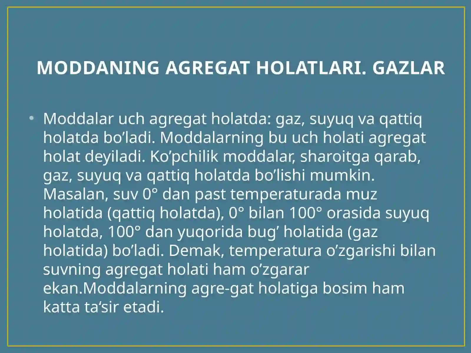 MODDANING AGREGAT HOLATLARI. GAZLAR 2
