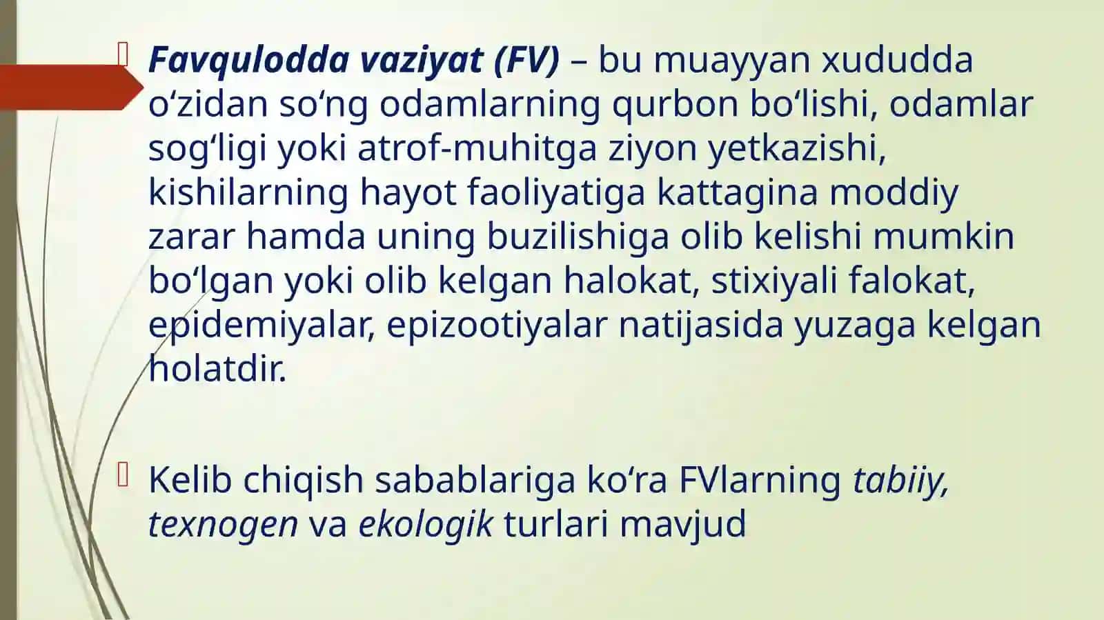Texnogen tusdagi favqulodda vaziyatlar,ularning tavsifi va tasnifi. 2