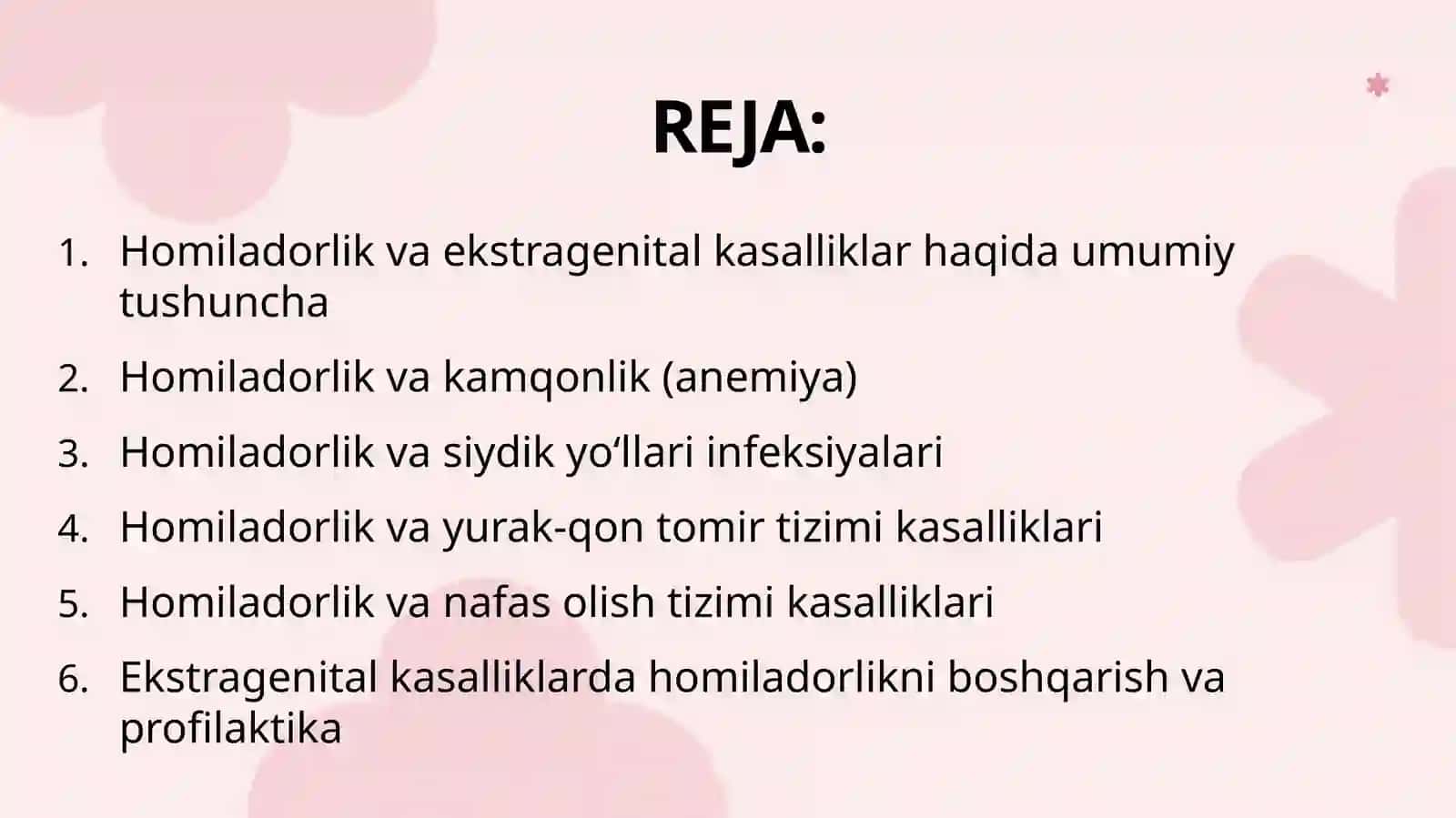 Homiladorlik va ekstragenital kasalliklar kamqonlik siydik yu’li infeksiyasi yurak-qont omir vanafasi solishtizim bilan bog’liq kasalligini boshqarish 2