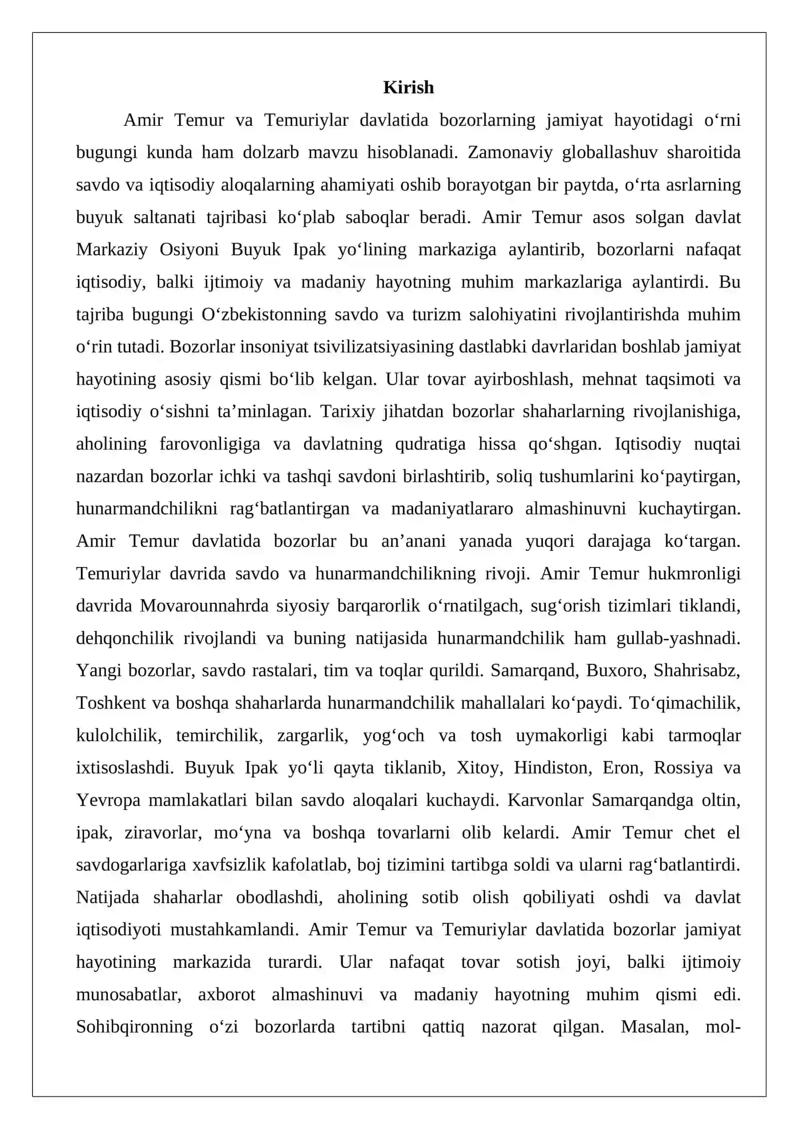 Amir Temur va Temuriylar davlatida bozorlarning jamiyat hayotida tutgan o‘rni 2