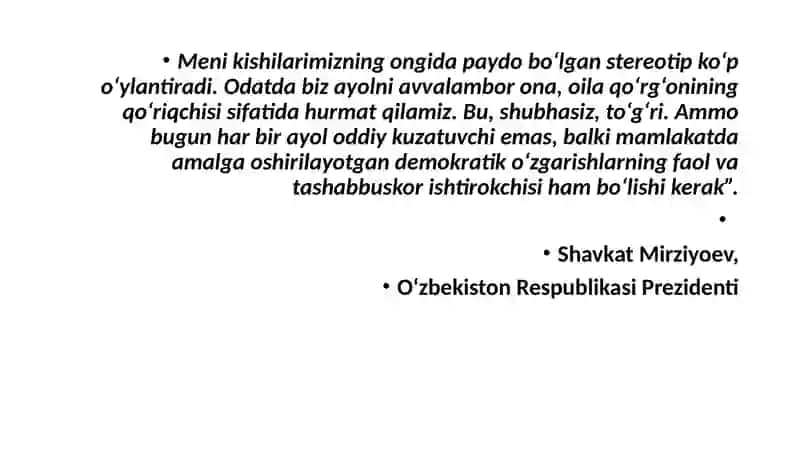 Yangi Oʻzbekistonda xotin qizlarga boʻlgan munosabat 2