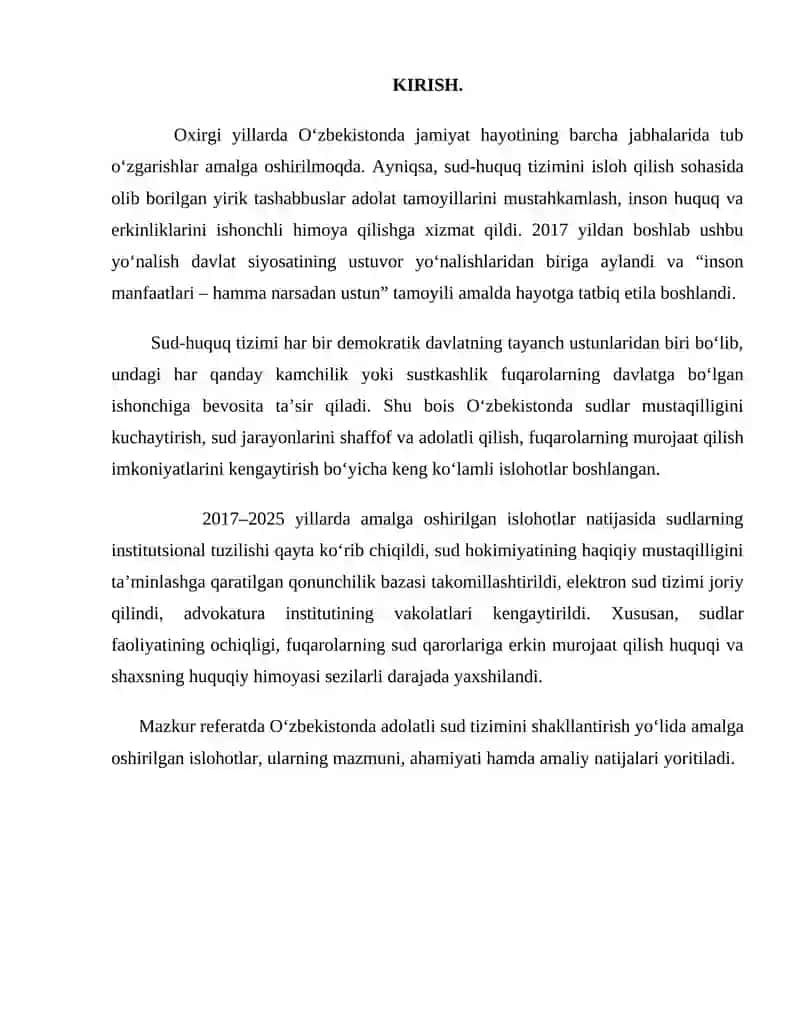 Adolatli sud tizimi yo’lida sud-huquq sohasidagi islohatlar 2
