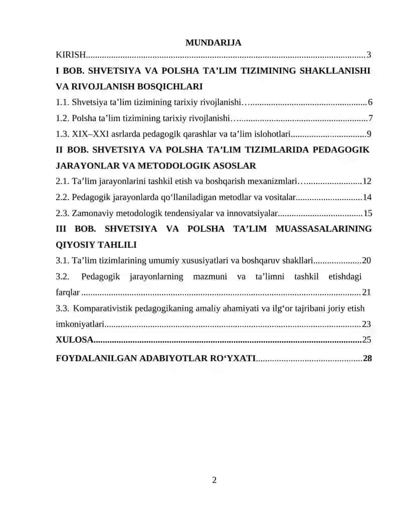 SHVETSIYA-POLSHA DAVLATLARI TA’LIM MUASSASALARINING OLIB BORILISHI VA KOMPARATIVISTIK TAHLIL 2