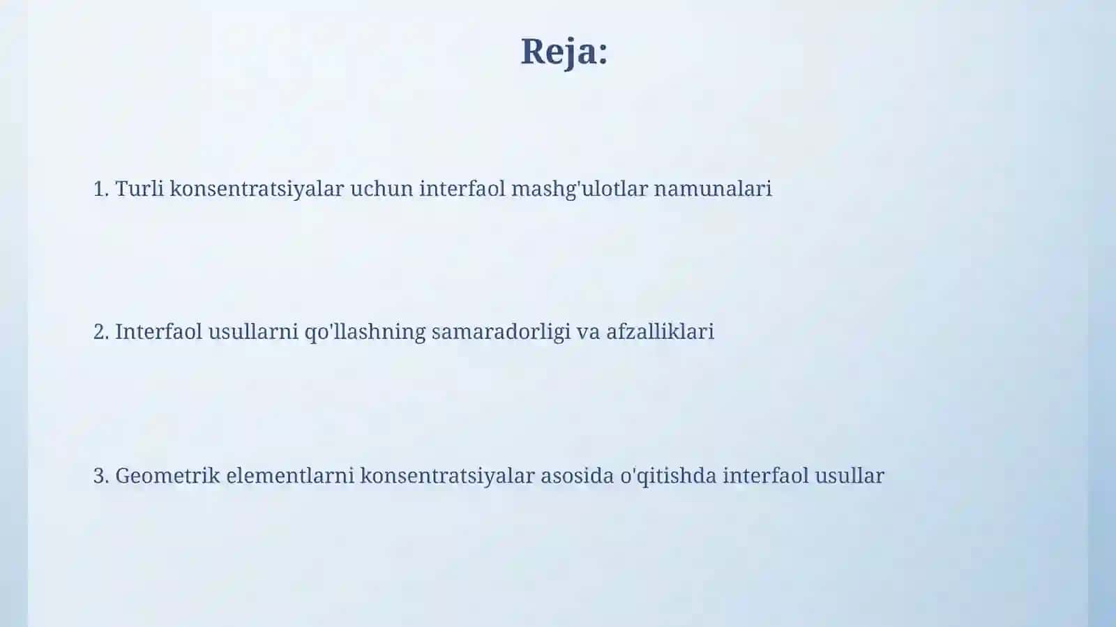 Kansentrlar bo'yicha geometrik elementlar mavzusini o'rgatishda interfaol metodlardan foydalanish 2