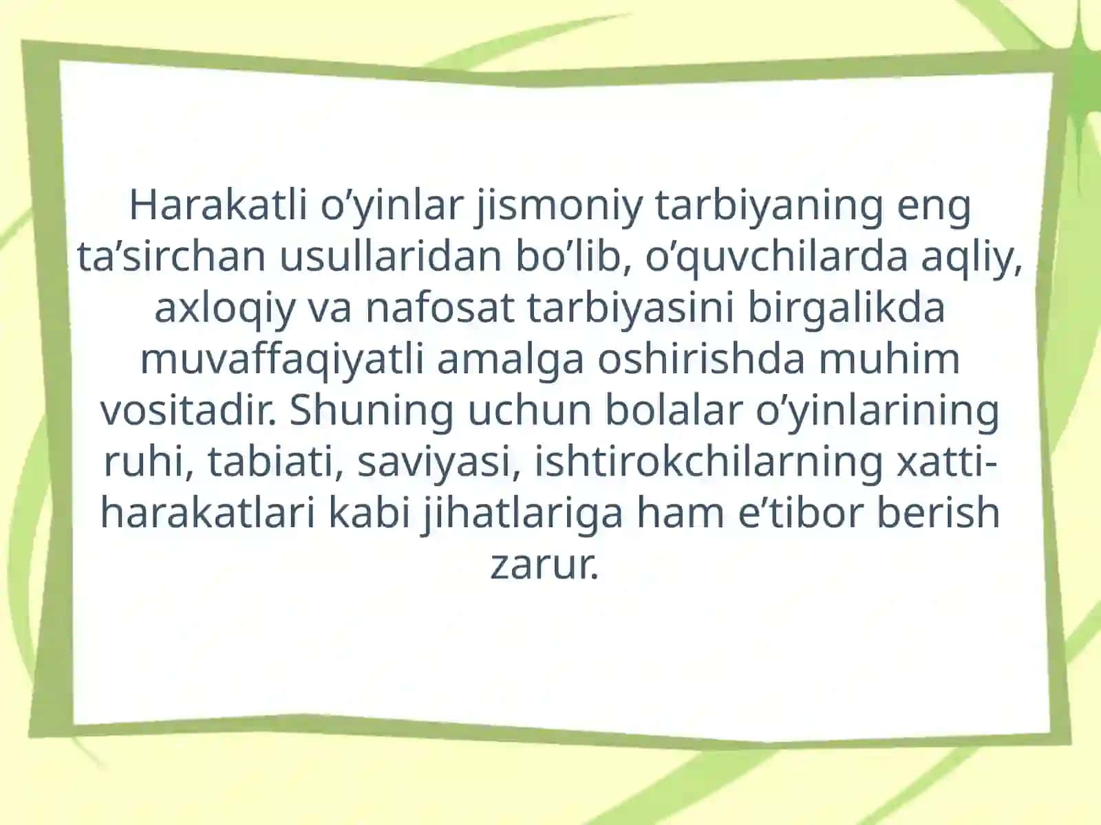 Harakatli o’yinlar bolalarda jismoniy madaniyatni tarbiyalshning asosiy metodi va vositasi sifatida 2
