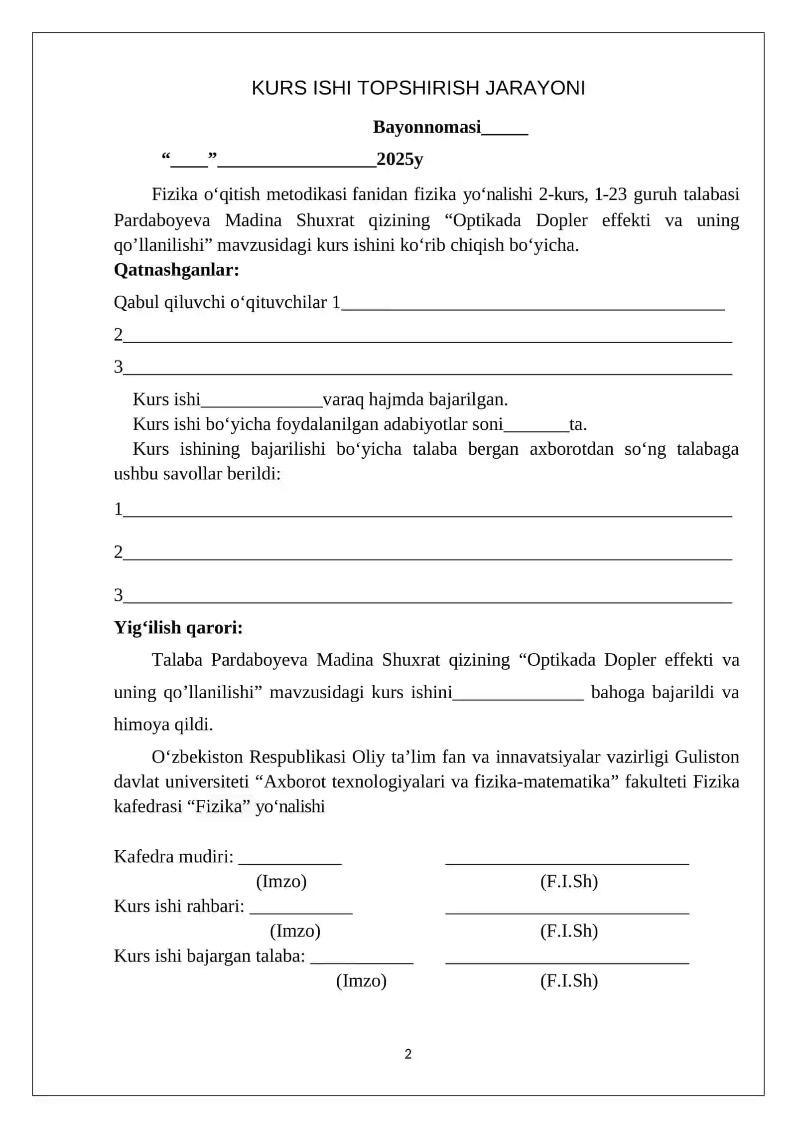 Optikada Dopler effekti va uning qo’llanilishi 2
