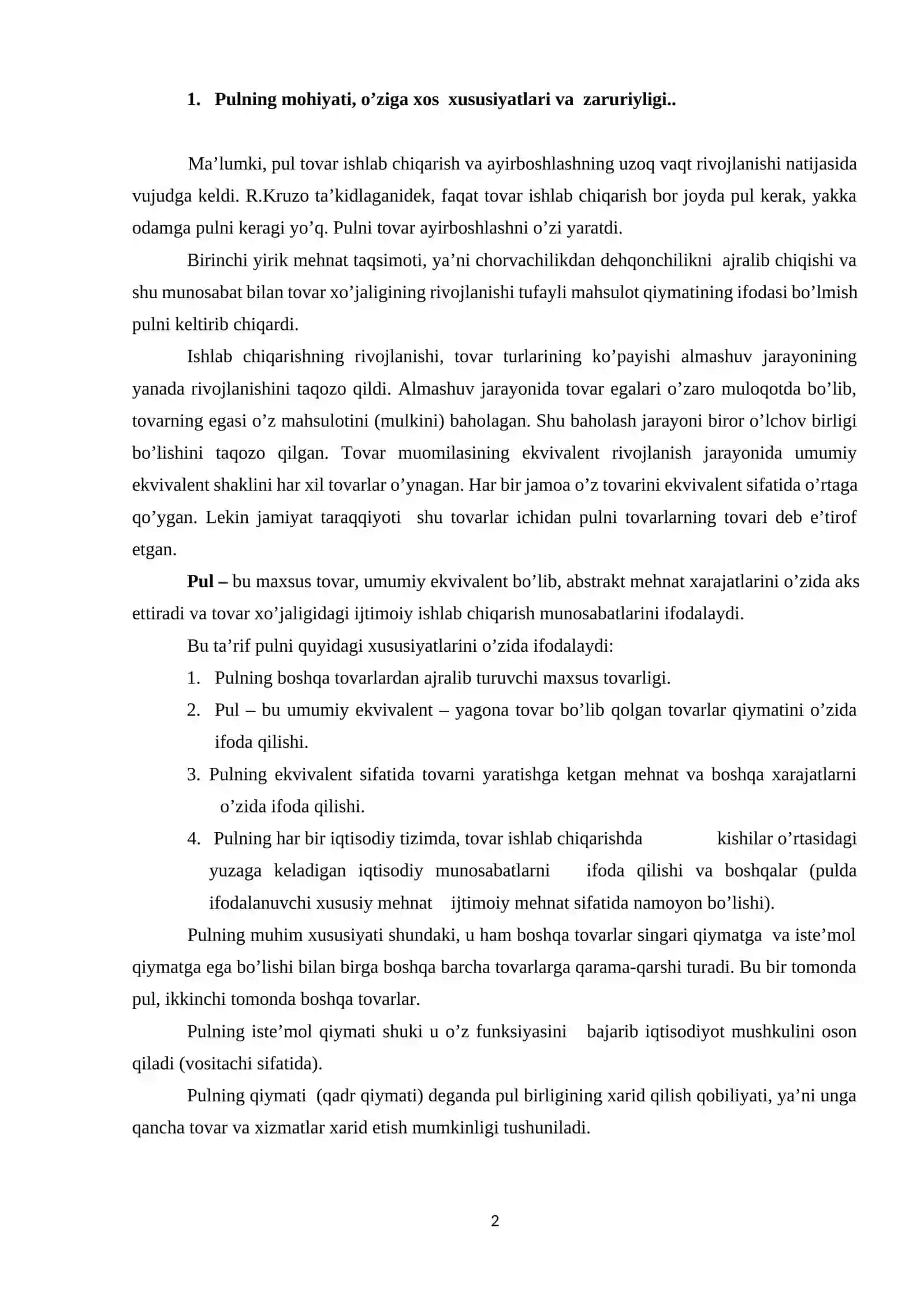 Pulning ro`li Iqtisodiy taraqqiyotda 2