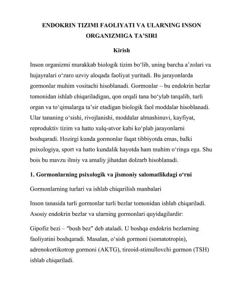 ENDOKRIN TIZIMI FAOLIYATI VA ULARNING INSON ORGANIZMIGA TA’SIRI 2