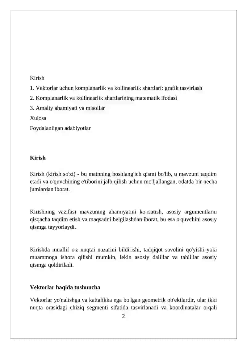 Vektorlarning komplanarlik va kollenarlik shartlarining grafik tasviri va ahamiyati 2
