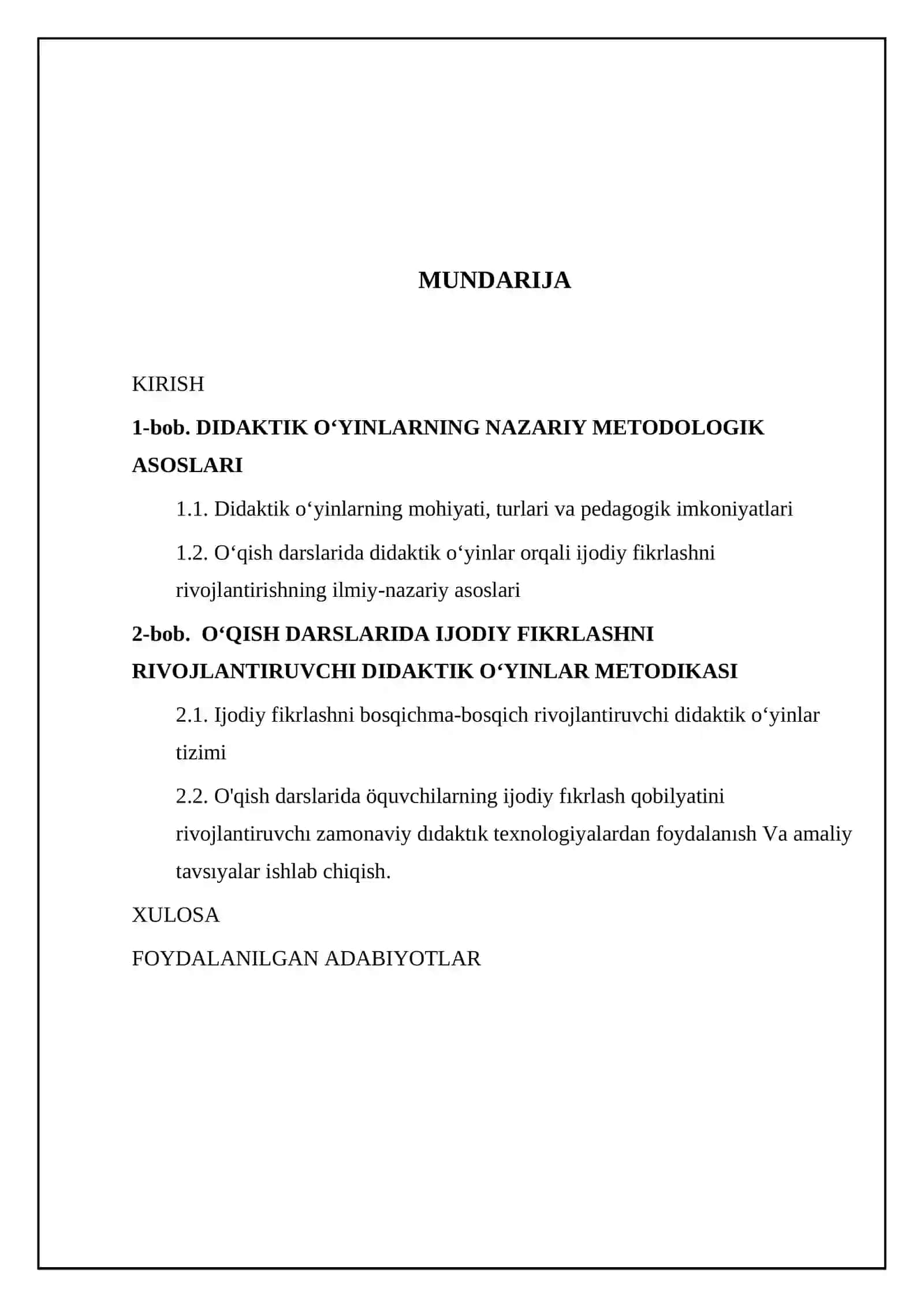 BOSHLANG‘ICH SINF O‘QISH DARSLARIDA DIDAKTIK O‘YINLARDAN FOYDALANISH ORQALI IJODIY FIKRLASH SAMARADORLIGINI OSHIRISH 2