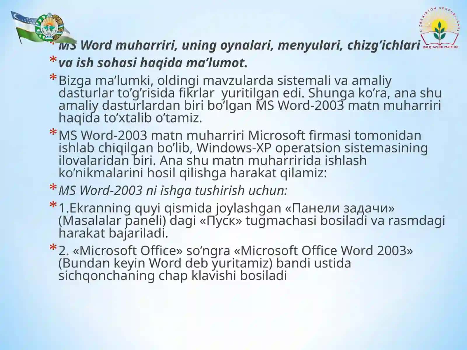 MS Word muharriri, uning oynalari, menyulari, chizg’ichlari va ish sohasi haqida ma’lumot 2