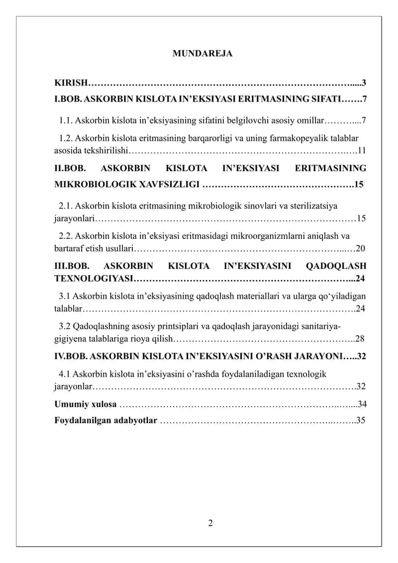 Askorbin kislota in'eksiyasi uchun eritmasi sifatini baholash, qadoqlash va o'rash 2