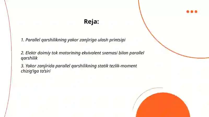 O’zgarmas tok motorlarining yakor zanjiriga parallel qarshilik ulab statik tavsiflarini o’zgartirish 2