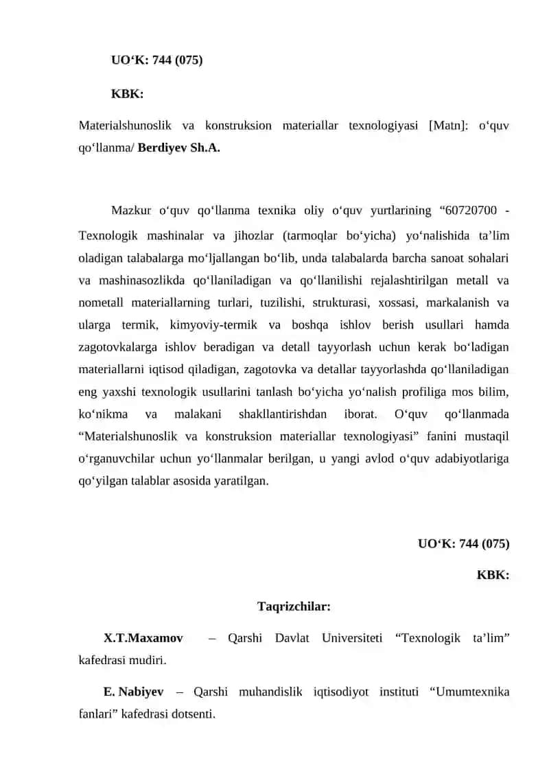 Materialshunoslik va konstruksion materiallar texnologiyasi 2
